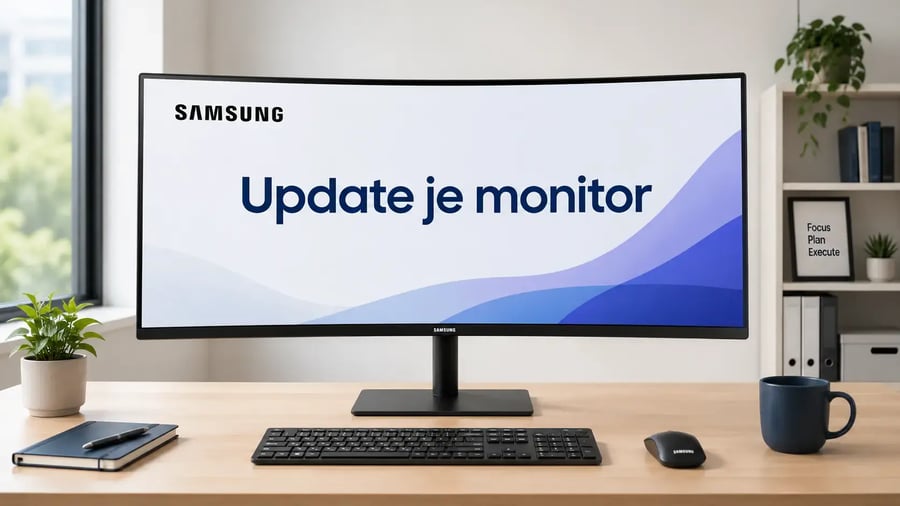 Samsung ViewFinity 34 inch curved monitor op een opgeruimd bureau met de tekst Update je monitor