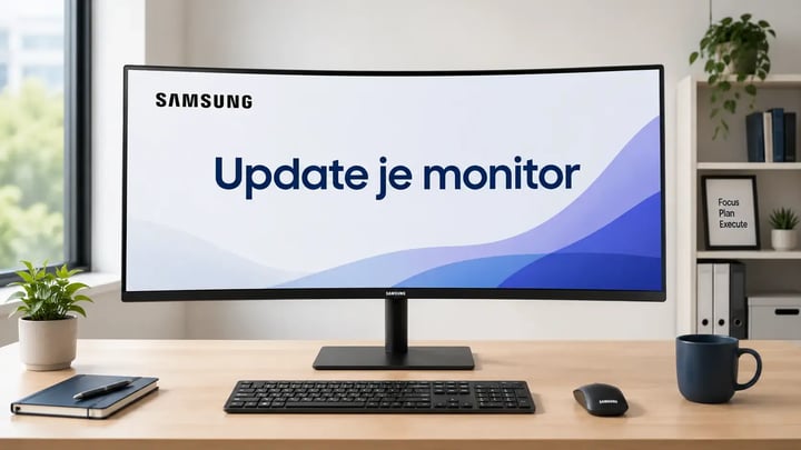 Samsung ViewFinity 34 inch curved monitor op een opgeruimd bureau met de tekst Update je monitor